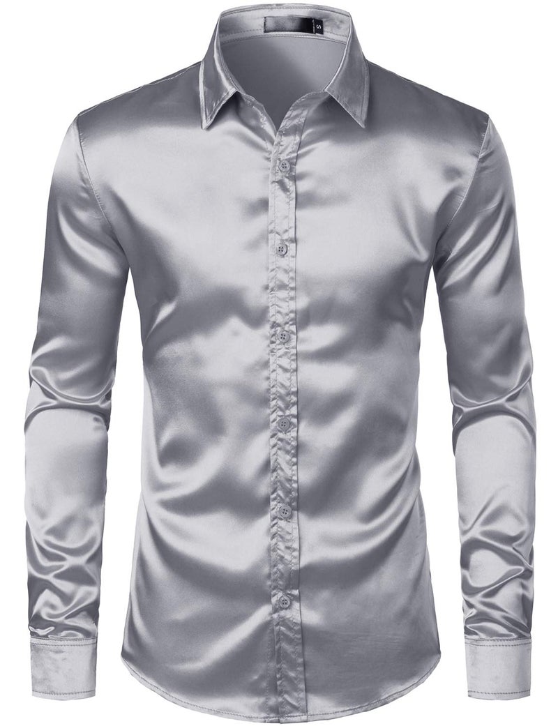 ZEROYAA Men's Luxury Shiny Silk Like Satin Button Up Dress Shirts ZLCL14-Silver Medium - Image 3